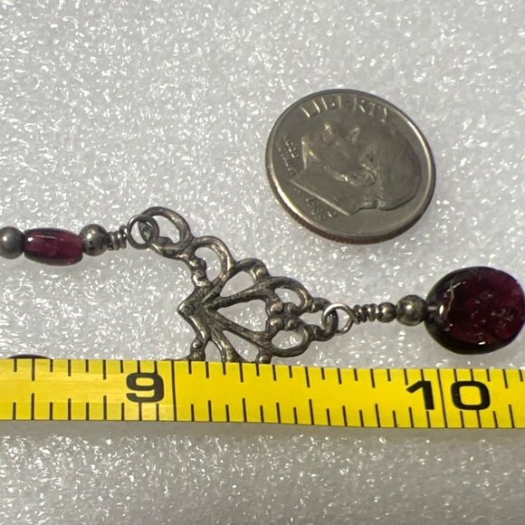 Italian Sterling Silver 925 18" Filigree Necklace Garnet Cabochon Drop KM Maker - Picture 5 of 14
